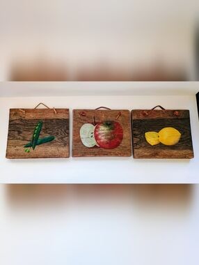 3 piece Hand Made Reclaimed Wood Farm Fruit And Vegetable Wall Art